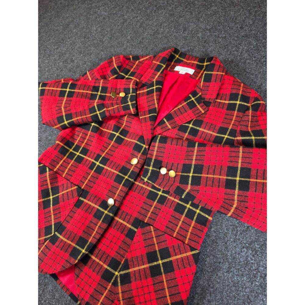 Prestige of Boston Blazer Womens 12 Vintage Red Tartan Plaid Gold Button Jacket